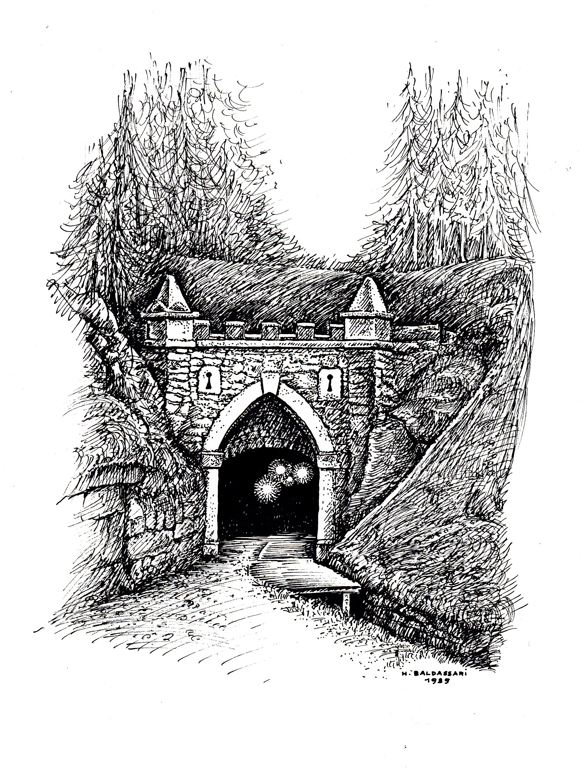 Kresba Herminy Baldassari - horní portál plavebního tunelu v době rekonstrukce, kdy byl tunel osvětlen, Böhmerwaldmuseum Passau 